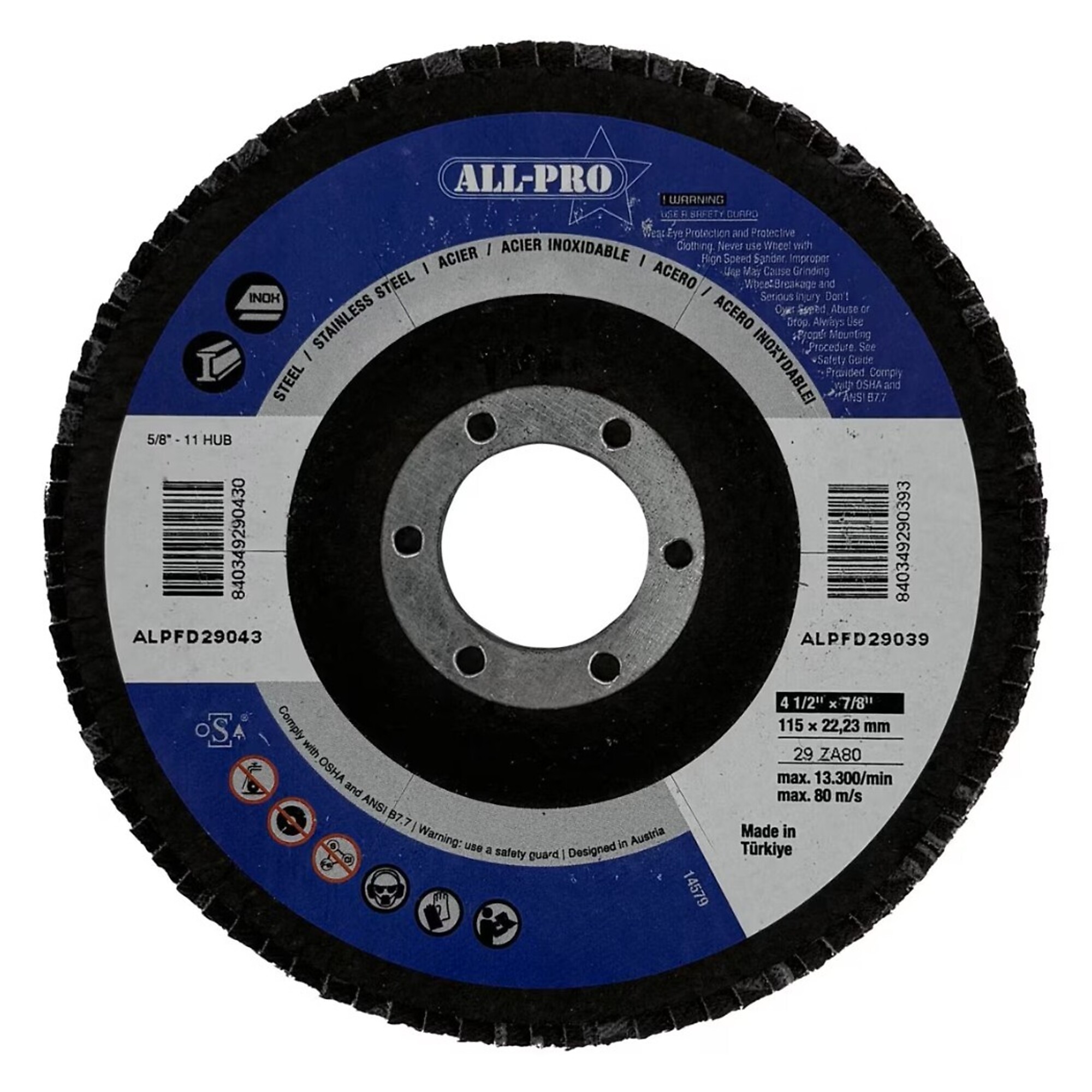 All Pro Flap Disc — 4 1/2in. x 7/8in., ZA, T29, 80 Grit, 10 Pk, Model# ALPFD29039
